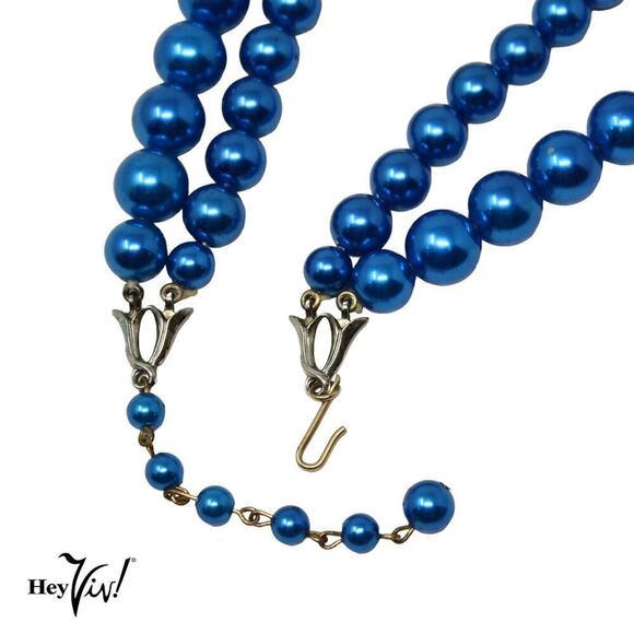 Vintage 1950s 2 Strand Bead Necklace w Metallic Blue Finish 18" Long - Hey Viv - Picture 3 of 5